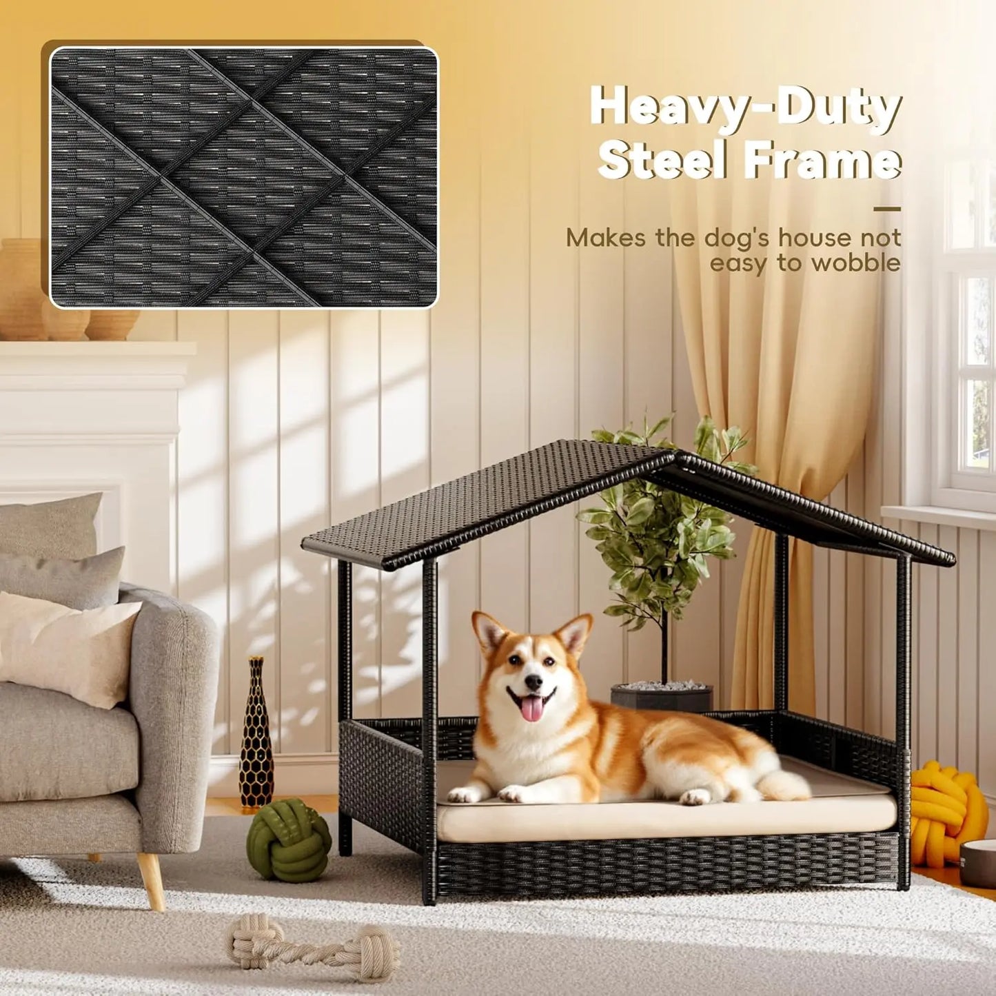 Warcat Elevated Wicker Dog House with Cushion for Indoor and Outdoor Use - Ideal for Decks, Patios, Yards, and Homes