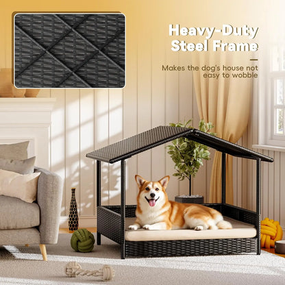 Warcat Elevated Wicker Dog House with Cushion for Indoor and Outdoor Use - Ideal for Decks, Patios, Yards, and Homes