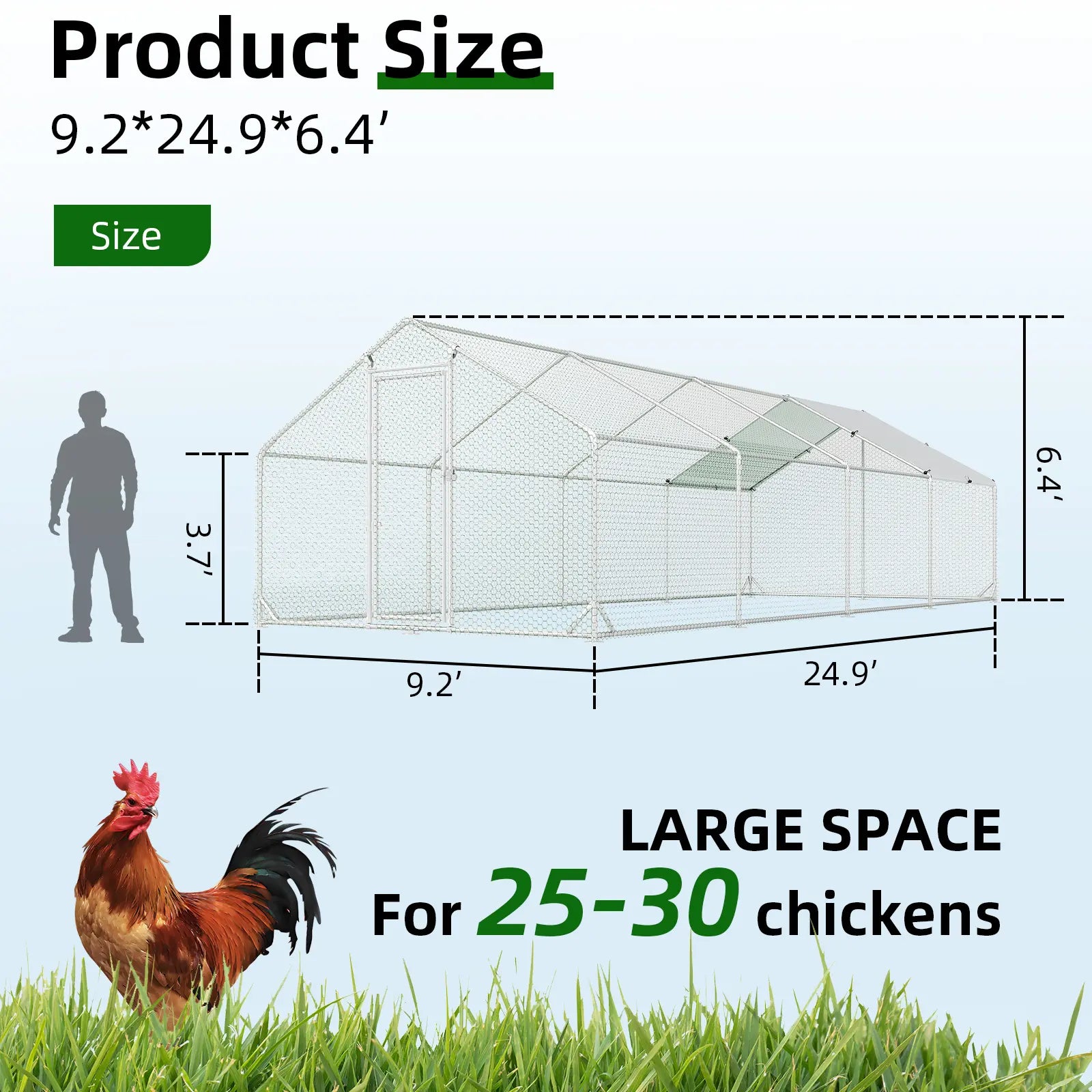 HOMBCK Large Metal Chicken Coop with Walk-In Run and Spire Roof, Outdoor Poultry Cage with UV Protection for Backyard Farming