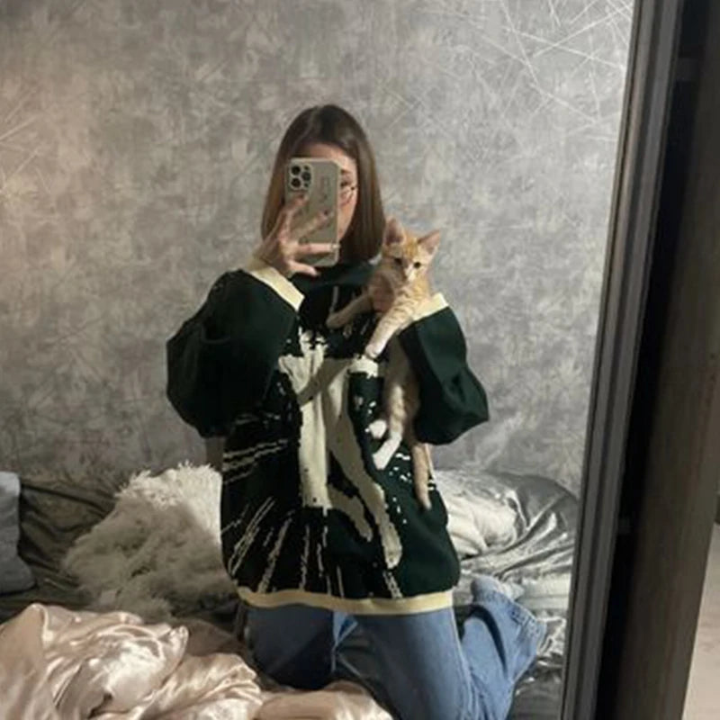 2024 Vintage Wool Knitted Pullover Sweater in Green - Unisex Hip Hop Street Gothic Y2K Harajuku Punk Style